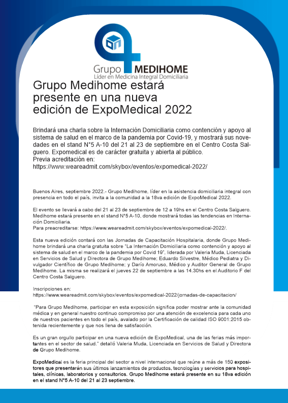 Grupo Medihome estará presente en una nueva edición de ExpoMedical 2022  